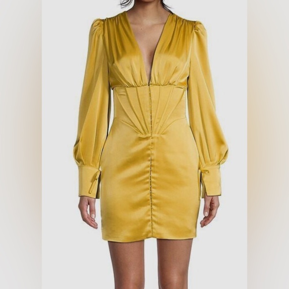 Lavish Alice Mustard Yellow Corset Style Silky Long Sleeve Dress - Size 12